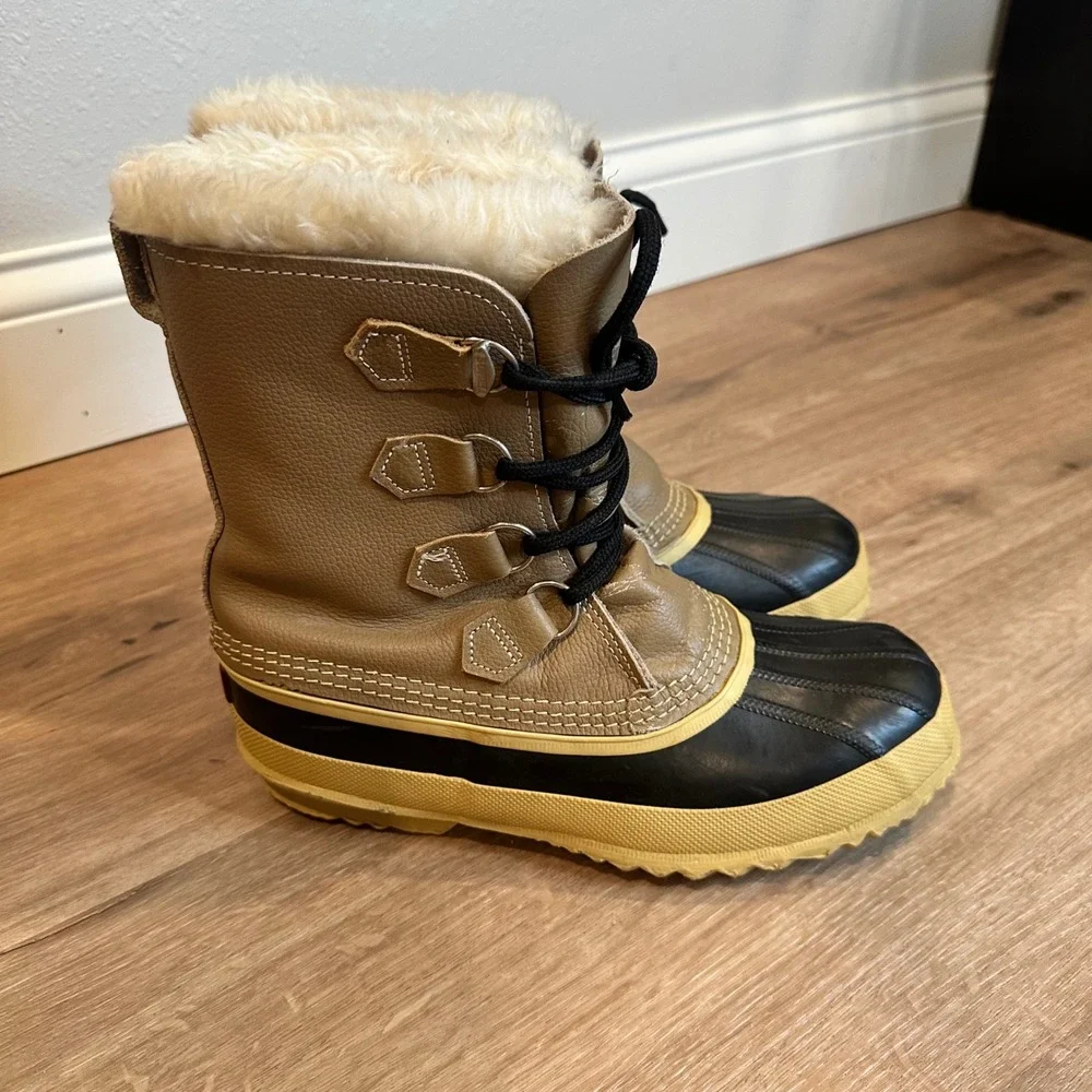 Sorel‎ Caribou Snow Boots Women 9 Tan Leather Waterproof Winter Duck Boots VTG